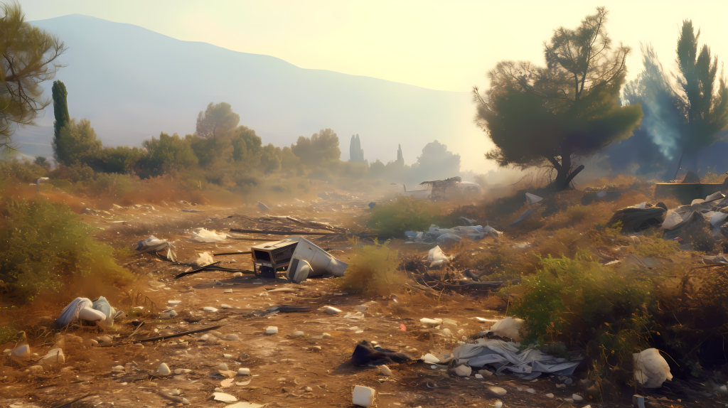 中式废弃场景中的树林湿泥地摄影图片