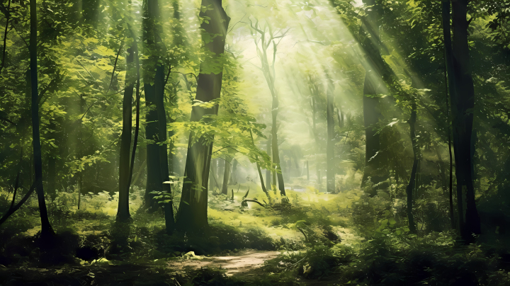 绿色森林中透过树木的阳光的达达主义拼贴摄影图版权图片下载
