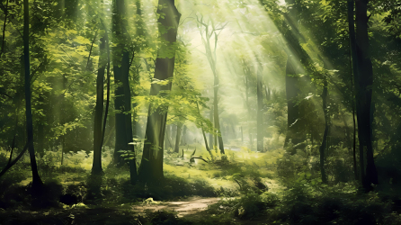 绿色森林中透过树木的阳光的达达主义拼贴摄影图