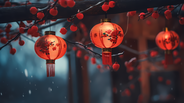 中国新年灯笼挂在树枝上高质量陈真风格摄影版权图片下载