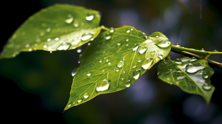 枝上两片叶子带雨滴摄影图片