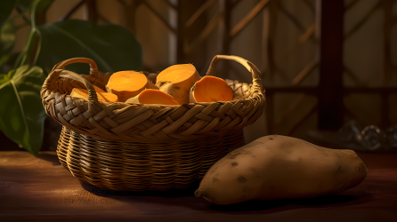 传统技术重塑：光泽橙色甘薯篮中的一半切片摄影图