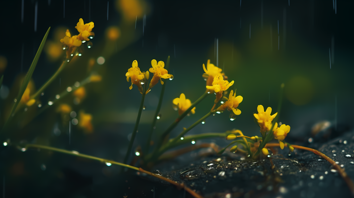 雨中绽放的小黄花微景摄影图版权图片下载