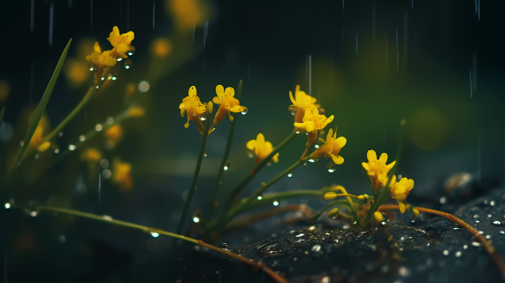 雨中绽放的小黄花微景摄影图