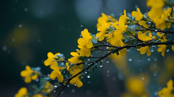 细雨中生长的小黄花摄影图版权图片下载