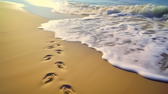沙滩海浪足印摄影图