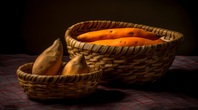 传统技术重塑：光泽琥珀色的红薯篮子，一半切开的摄影图片