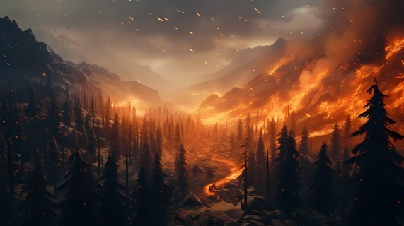 火与倾倒的树构成的山脉摄影图