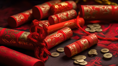 传统红红纸饰物装饰着传统中国符号的摄影图片