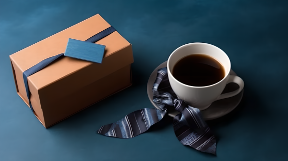 咖啡带领带的褐色礼盒摄影图片