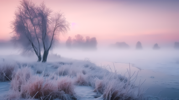 冬季雾景朦胧的日出摄影图