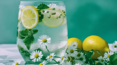 柠檬薄荷水和雏菊的摄影图片