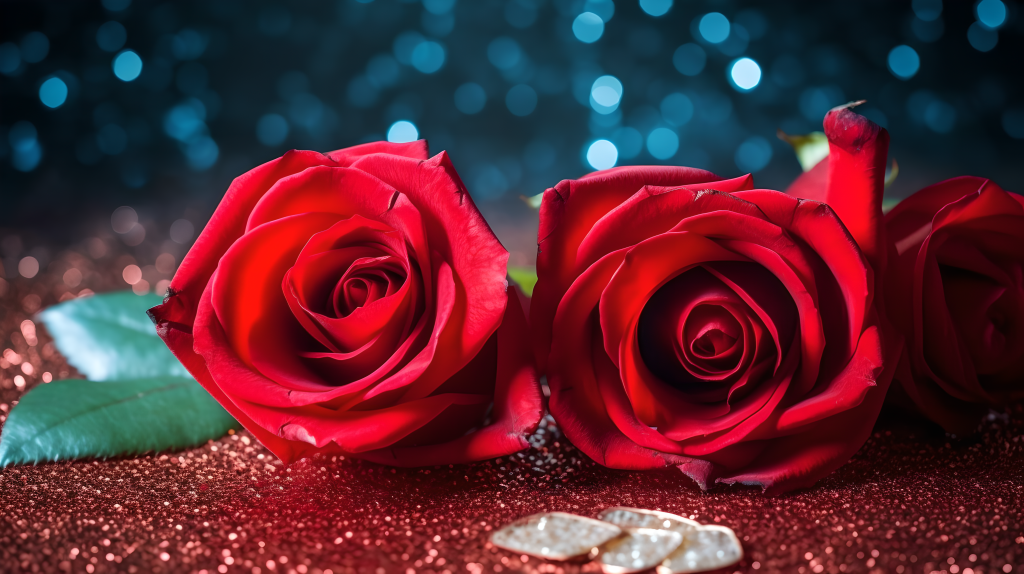 红色玫瑰之心闪耀背景摄影版权图片下载