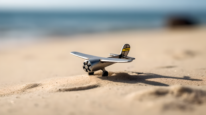 沙滩上的迷你飞机摄影图版权图片下载