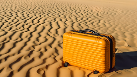 黄沙漠中的黄色手提箱摄影图片