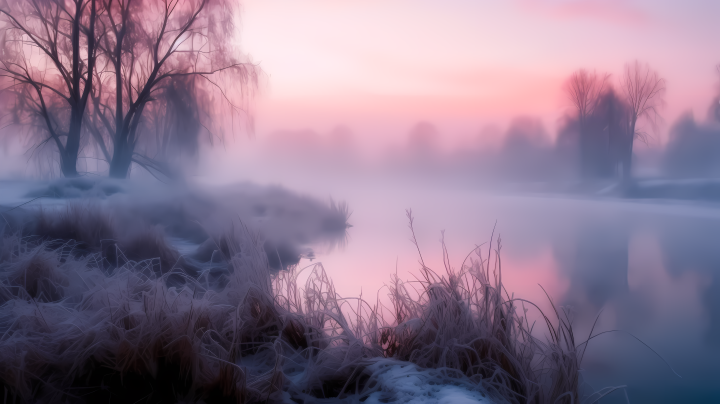 冬日晨雾玫瑰色风景摄影图版权图片下载