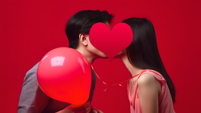 红心气球下的情侣亲吻摄影图