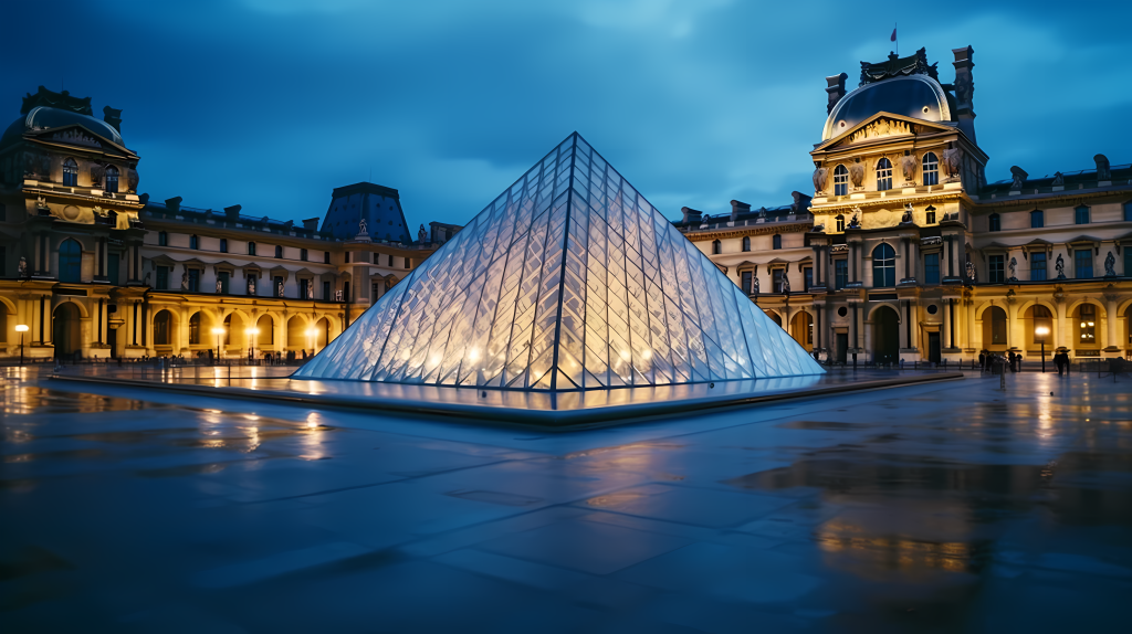 巴黎傍晚的卢浮宫摄影图片