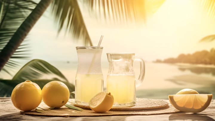 热带岛屿上的柠檬水和饮料杯摄影版权图片下载