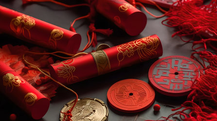 传统中国符号装饰的超现实红纸摄影图片