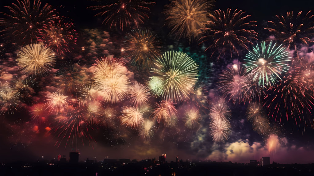 夜空中色彩斑斓的烟花摄影版权图片下载