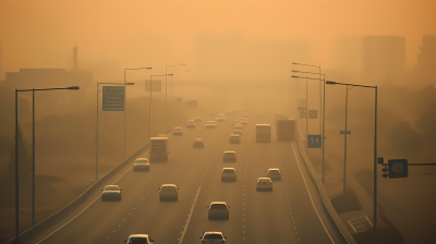 城市公路上的浓重雾霾怪异而幽暗的摄影图片