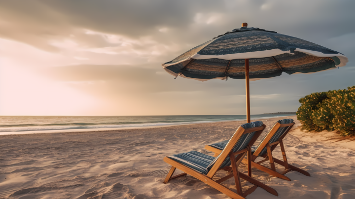 海滩上的椅子与阳伞摄影图版权图片下载