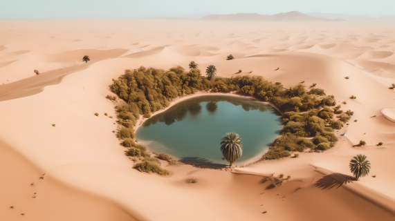 广阔沙漠中的绿洲湖泊和棕榈树摄影图片