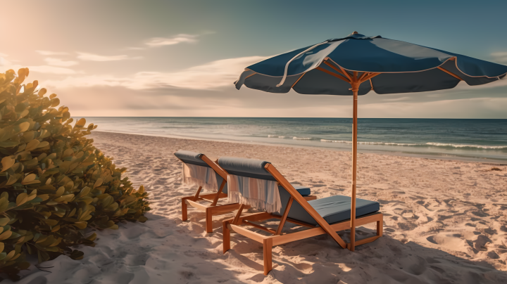 沙滩上的休闲椅与阳伞摄影版权图片下载