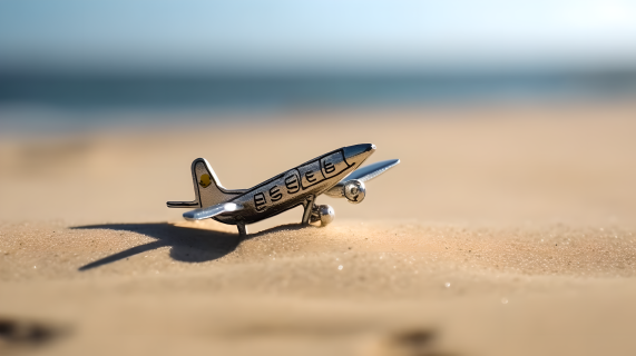 沙滩上的玩具飞机摄影图片