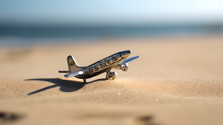 沙滩上的玩具飞机摄影版权图片下载