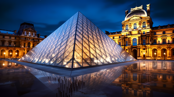 黄蓝色的巴黎暮光下的卢浮宫摄影图