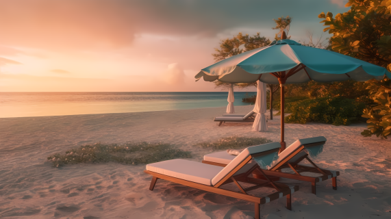 海滩上的休闲椅与阳伞摄影图