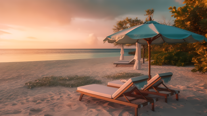 海滩上的休闲椅与阳伞摄影图版权图片下载