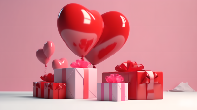 粉红红色的心形气球与礼盒装饰摄影图片