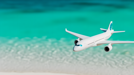 翡翠白色玩具飞机飞舞于靠近海洋的摄影图片