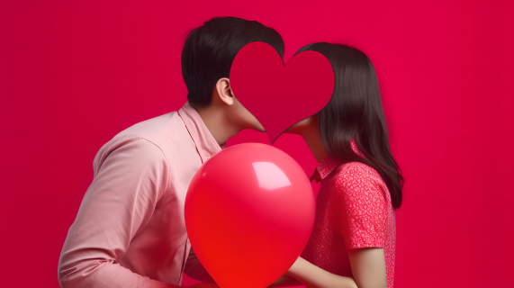 情侣持红心气球接吻的摄影图片