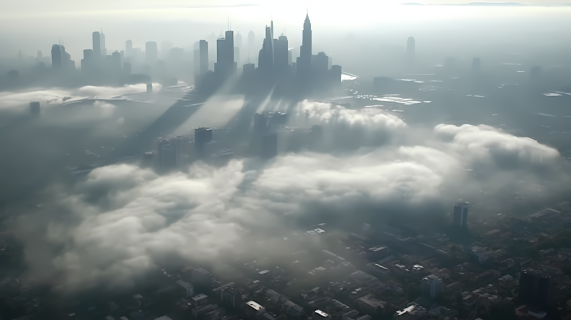 深云笼罩的城市全景摄影图片