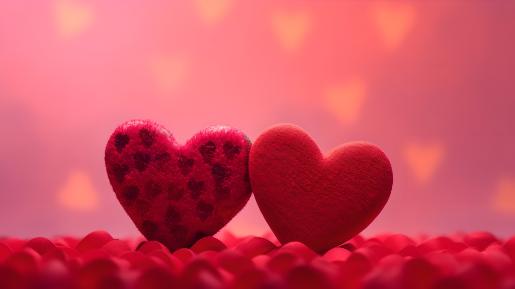 两个红心在粉色背景下的摄影版权图片下载