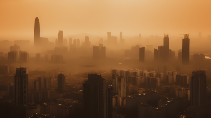 黄昏城市天际线的朦胧环境意识摄影图版权图片下载
