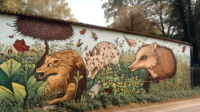 森林中动物的街头艺术