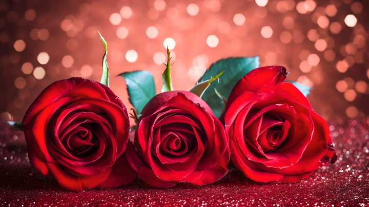 红色心形背景下的三朵玫瑰花摄影版权图片下载