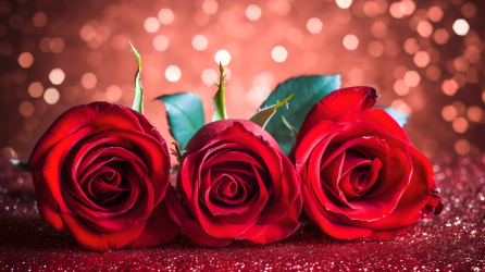 红色心形背景下的三朵玫瑰花摄影图片