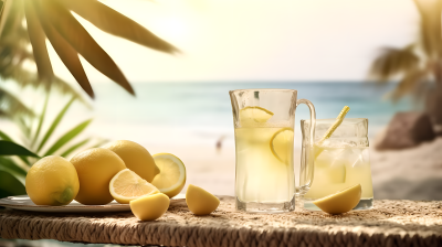 海滩上的柠檬水与眼镜摄影图片