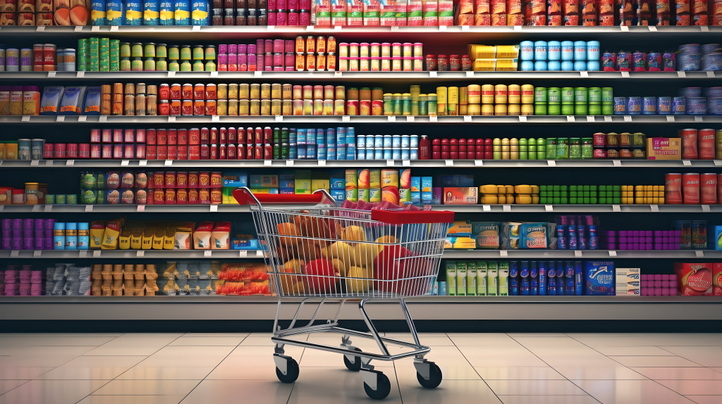 各种商品货架前的购物车摄影版权图片下载