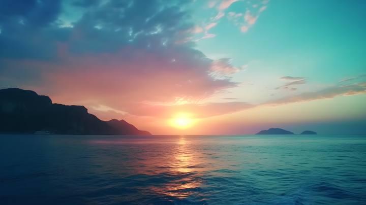 海边日落的彩色动画摄影图版权图片下载