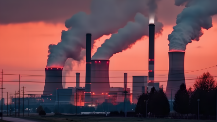 紫红烟雾缭绕的落日老式煤电厂摄影图片