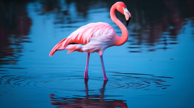 粉红火烈鸟漫步水面摄影图