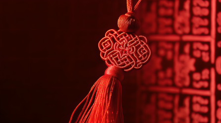 中国文化主题下的红色帆布上的红色流苏摄影