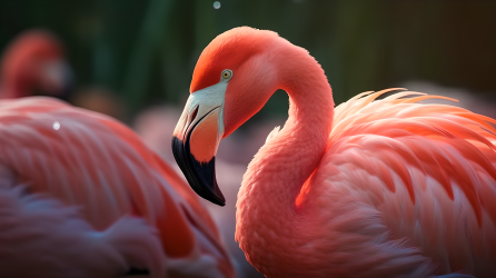 粉红火烈鸟坐在绿色领域中的惊人特写摄影图片